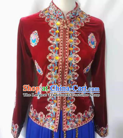 Burgundy Chinese Xinjiang dance stage performance with gold velvet top