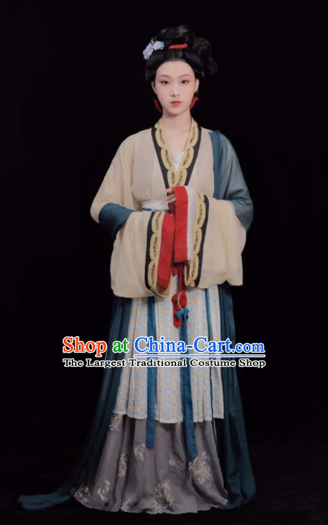 Chinese Ancient Noble Beauty Costumes Traditional Hanfu Clothing Song Dynasty Young Woman Apricot Dress