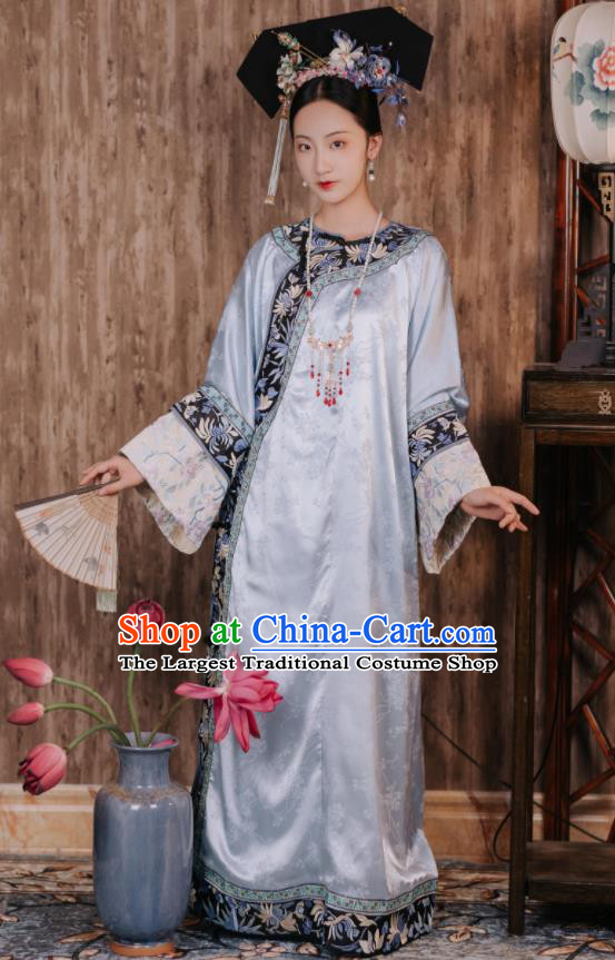 Chinese Ancient Palace Lady Blue Dress Traditional Garment Costume Qing Dynasty Empress Clothing