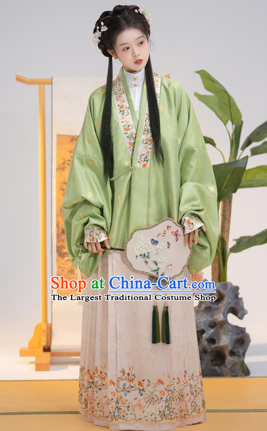 Chinese Ming Dynasty Young Woman Garment Costumes Ancient Princess Green Jacket White Shirt and Beige Skirt Complete Set