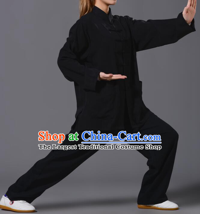 Chinese Summer Tencel Kung Fu Black Uniform Tai Chi Training Outfit Complete Set for Women for Men