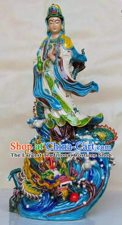 Chinese Kwan Yin Figurine Guan Yin with Dragon Statue Shiwan Ceramic Blue Avalokitesvara Sculpture