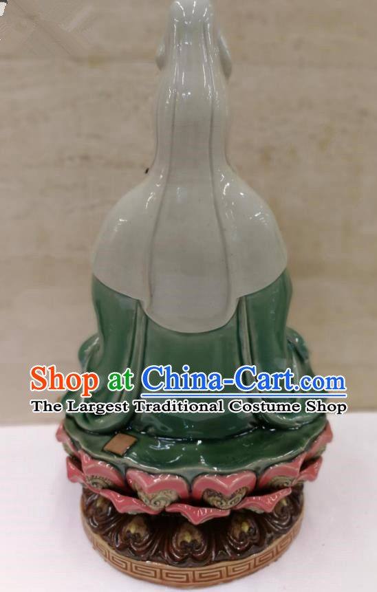 Chinese Shiwan Ceramic Sculpture Figurine Green Dress Guan Yin Statue