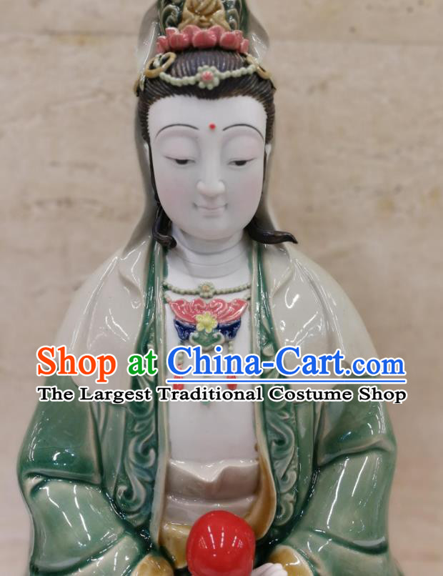 Chinese Shiwan Ceramic Sculpture Figurine Green Dress Guan Yin Statue
