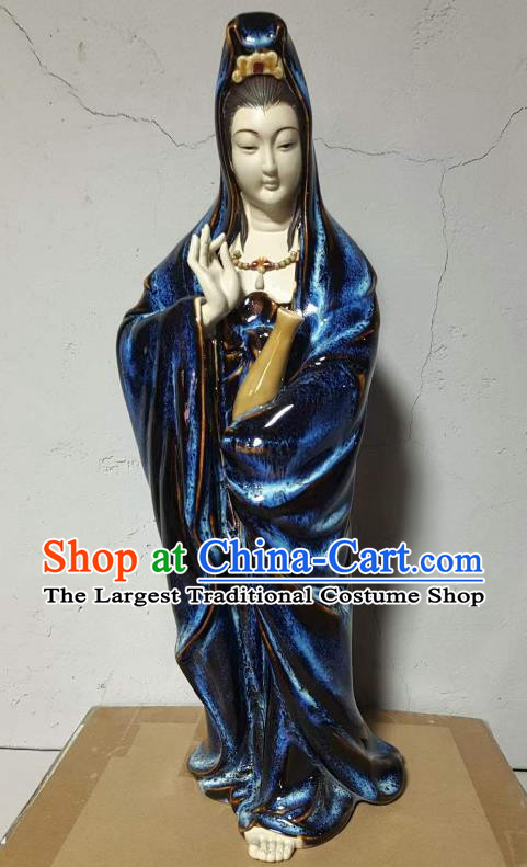 Chinese Kwan Yin Figurine Blue Dress Guan Yin Statue Shiwan Ceramic Avalokitesvara Sculpture