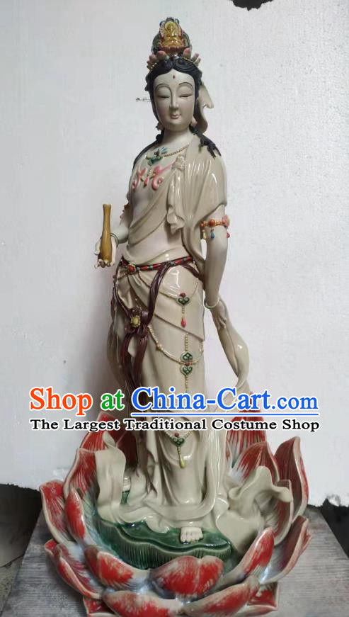Chinese Kwan Yin Figurine Guan Yin Statue Shiwan Ceramic Avalokitesvara Sculpture