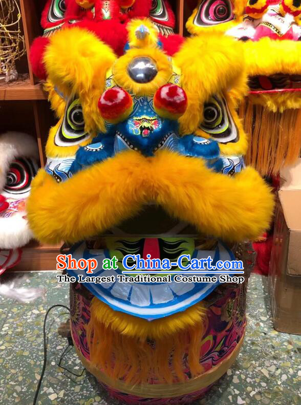 Top Handmade Light Gold Wool Hok San Lion Chinese Performance and Competition Blue Lion Dance Costumes