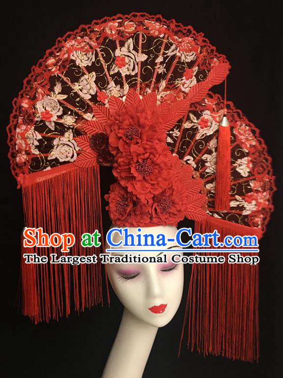 Chinese Stage Performance Lace Fans Crown Handmade Red Peony Headdress Top Tassel Headwear