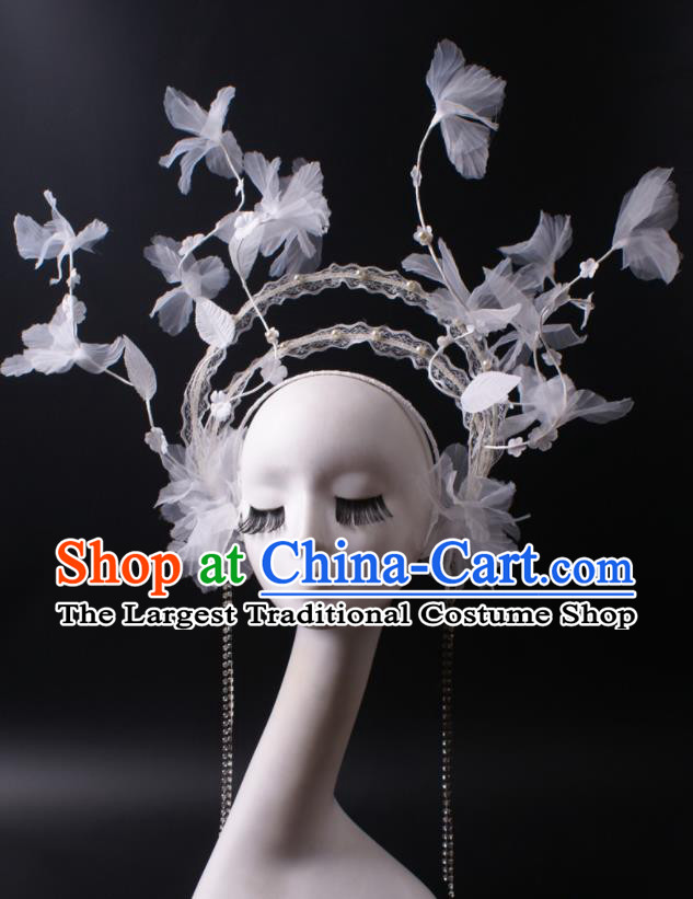 Handmade White Silk Flowers Headdress Cheongsam Catwalk Headwear Stage Performance Tassel Crown