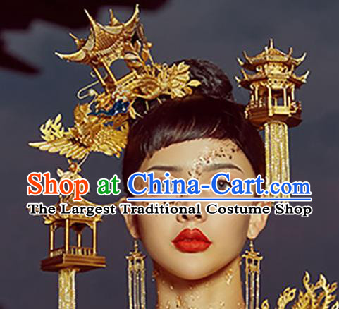 Chinese Handmade Stage Show Headdress Top Model Contest Hair Accessories Catwalks Golden Palace Headpieces