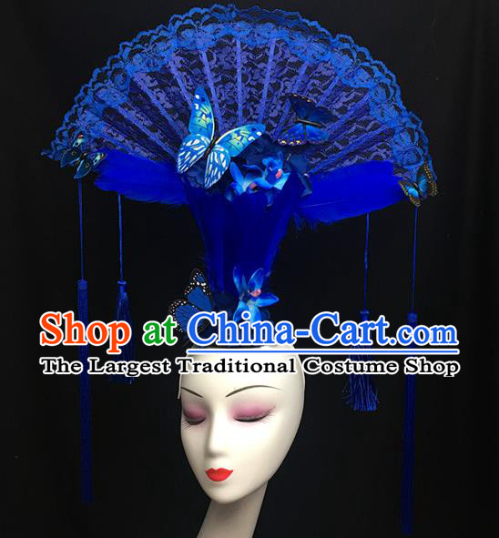Chinese Catwalks Blue Lace Fan Headpiece Handmade Stage Show Headdress Model Contest Tassel Crown