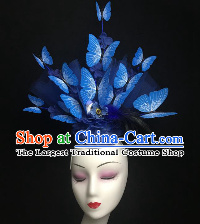 Chinese Handmade Stage Show Headdress Model Contest Crown Catwalks Blue Butterfly Headpiece