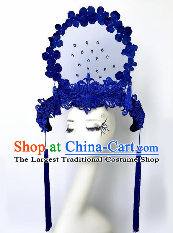 Chinese Handmade Stage Show Headdress Model Contest Blue Lace Crown Catwalks Tassel Headpiece