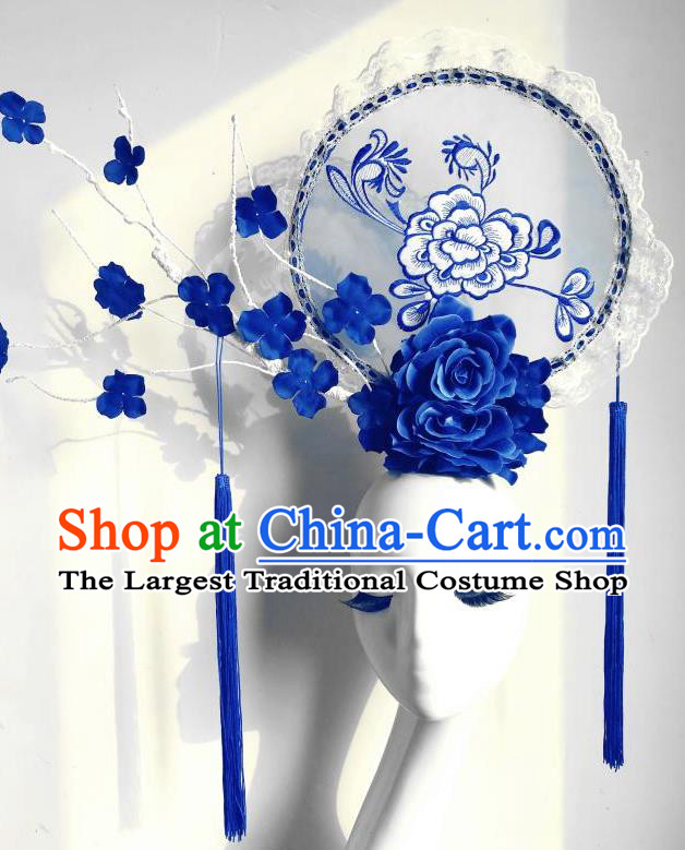 Chinese Model Contest Blue Peony Crown Catwalks Tassel Headpiece Handmade Stage Show Giant Headdress