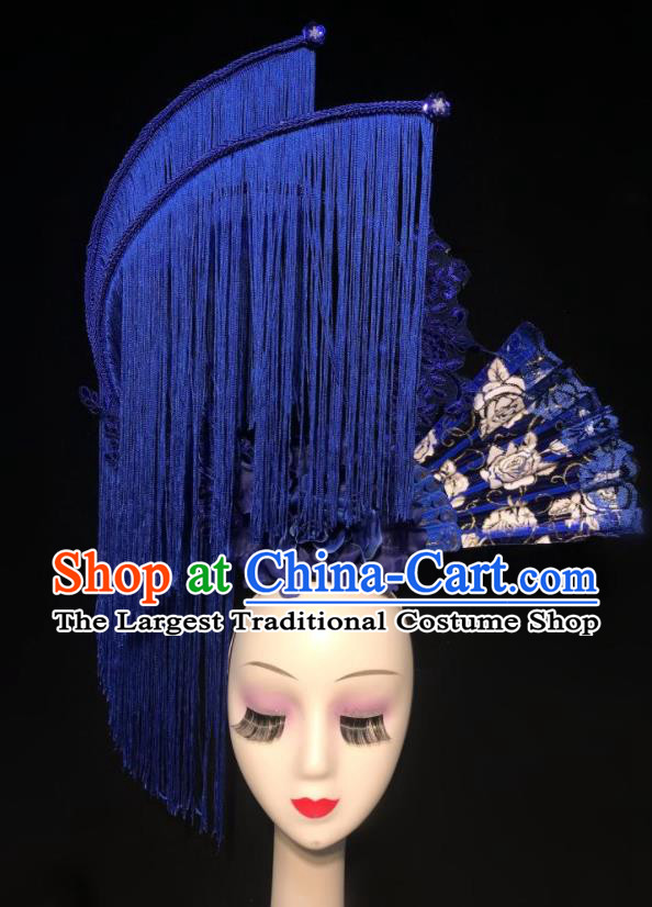 Chinese Handmade Stage Show Giant Headdress Model Contest Blue Fan Crown Catwalks Deluxe Tassel Headpiece