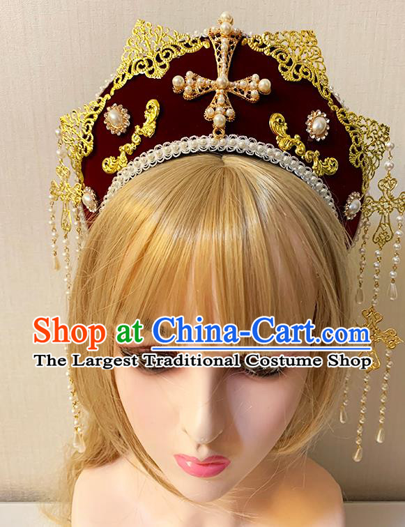 Top Stage Show Headwear Catwalks Retro Velvet Royal Crown Handmade Tassel Hair Jewelry