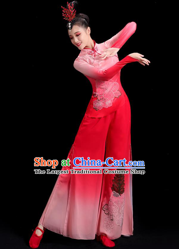 China Women Group Stage Show Red Uniform National Yangko Dance Costume Folk Dance Fan Dance Clothing