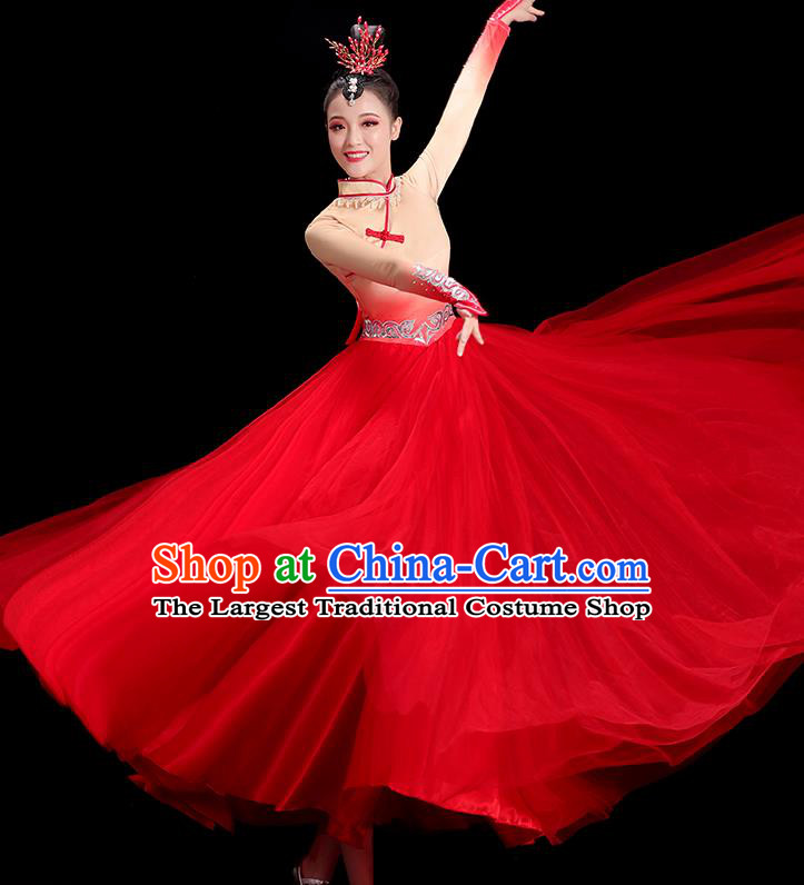 China Mongolian Ethnic Dance Fashion Opening Dance Clothing Women Group Stage Show Red Dress Yangko Dance Costume