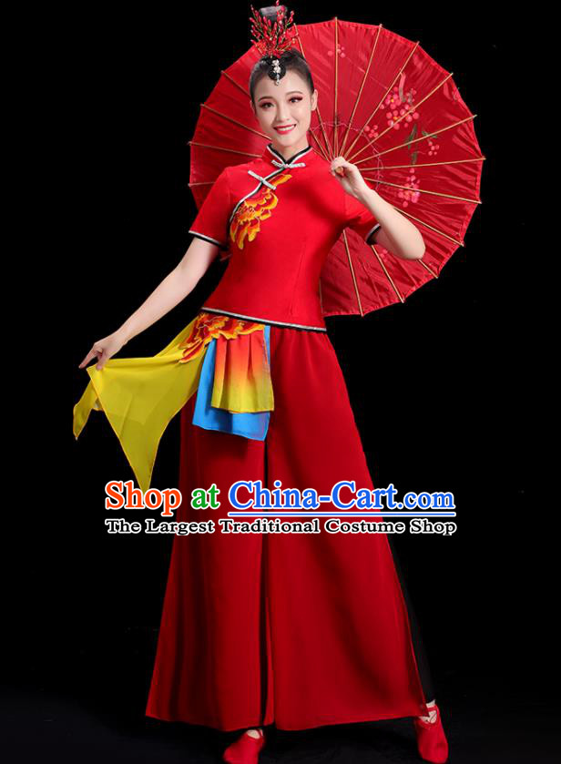 China Folk Dance Clothing Group Stage Show Red Uniform National Yangko Dance Costume