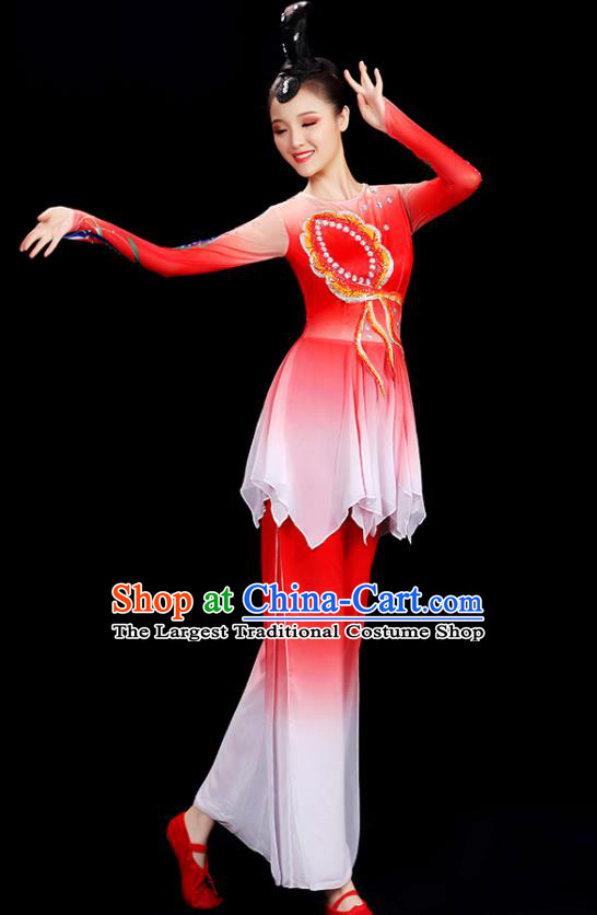 Top Women Group Stage Show Fashion Fan Dance Costume Yangko Dance Red Outfit Folk Dance Clothing