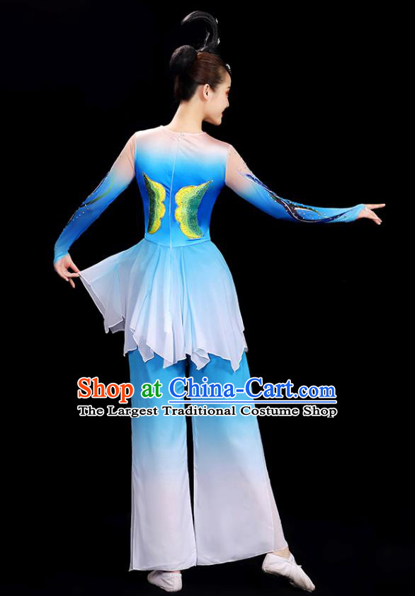 Top Women Group Stage Show Fashion Fan Dance Costume Yangko Dance Blue Outfit Folk Dance Clothing