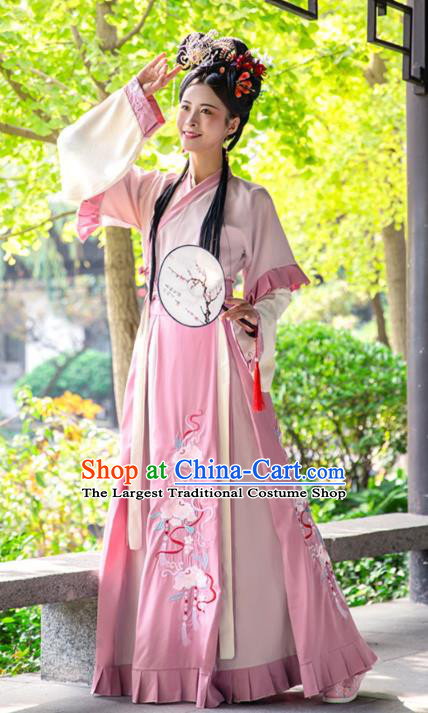 China Traditional Hanfu Garments Ancient Fairy Costumes Jin Dynasty Princess Pink Dresses