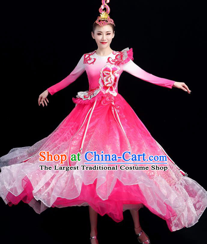 China Women Modern Dance Costume Opening Dance Clothing Group Stage Performance Pink Dress