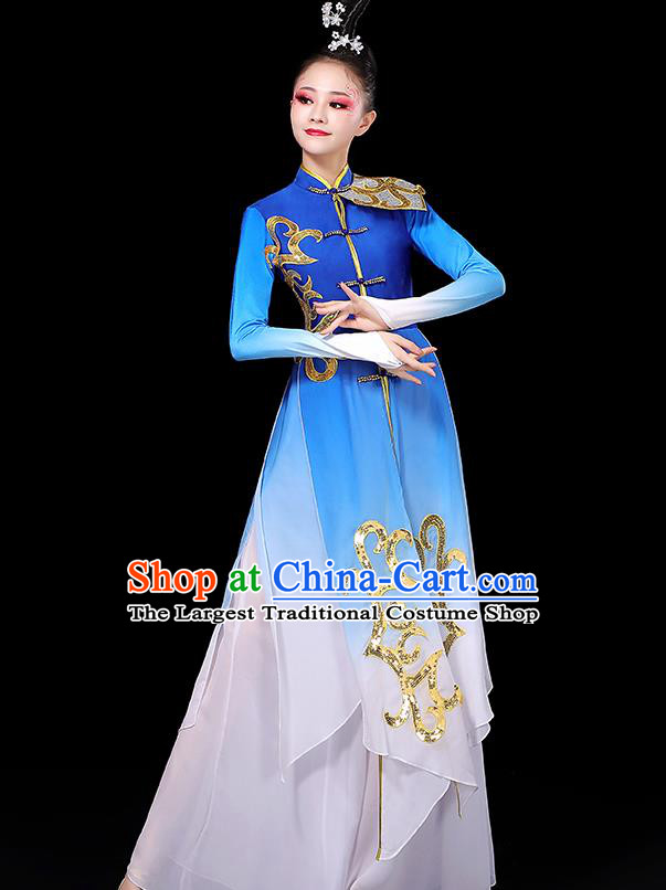 China Women Group Stage Performance Royal Blue Outfit Yangko Dance Costume Fan Dance Clothing