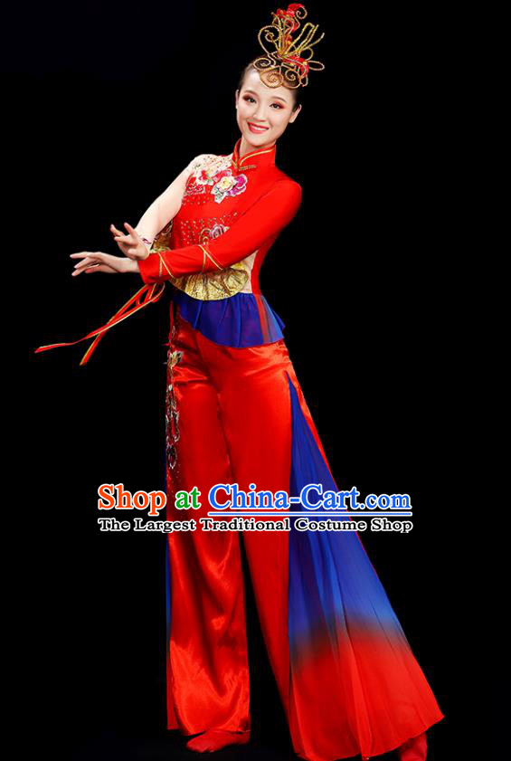 China Folk Dance Clothing Yangko Dance Red Outfit Women Group Stage Show Costume
