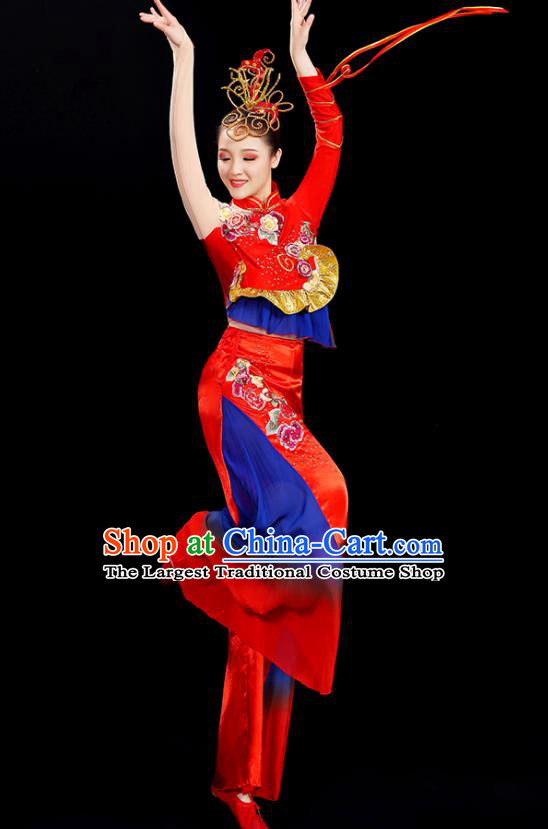 China Folk Dance Clothing Yangko Dance Red Outfit Women Group Stage Show Costume