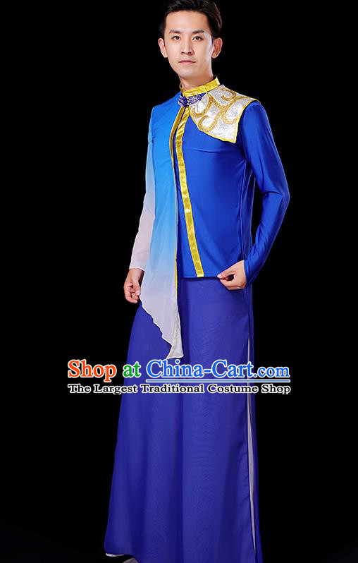 China Group Stage Show Costume Fan Dance Fashion Classical Dance Clothing Male Yangko Dance Royal Blue Outfit
