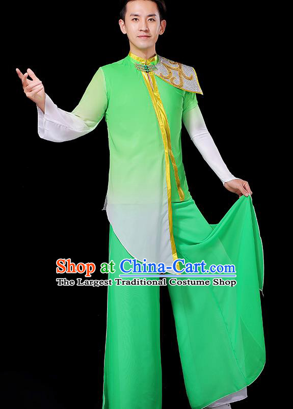 China Male Yangko Dance Green Outfit Group Stage Show Costume Fan Dance Fashion Classical Dance Clothing