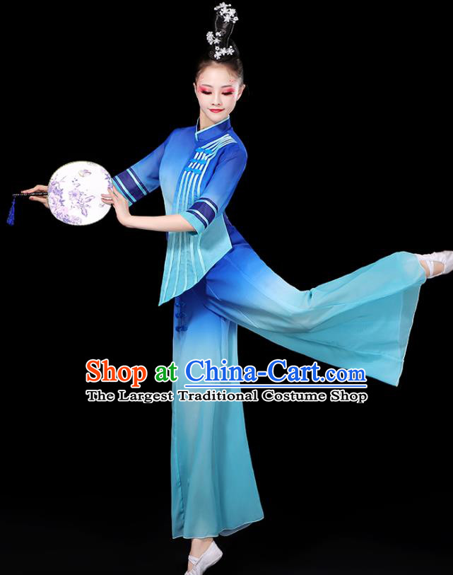 China Women Group Stage Show Costume Modern Dance Fashion Fan Dance Clothing Yangko Dance Blue Outfit