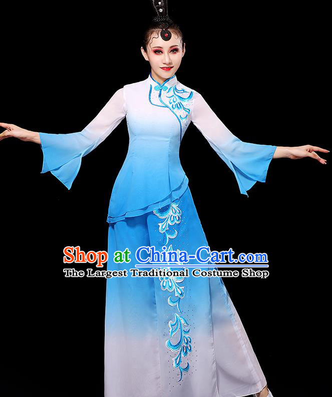 China Women Group Stage Show Costume Umbrella Dance Fashion Fan Dance Clothing Yangko Dance Gradient White Blue Outfit