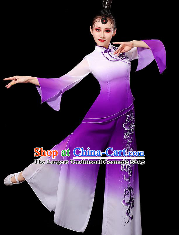 China Fan Dance Clothing Yangko Dance Gradient White Purple Outfit Women Group Show Costume Umbrella Dance Fashion