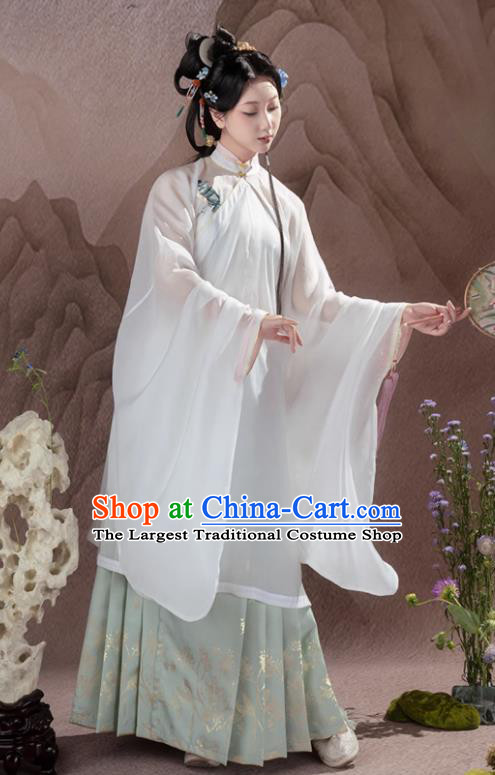 China Ming Dynasty Royal Princess Costumes Ancient Noble Mistress Embroidered Clothing Hanfu White Gown and Green Ma Mian Skirt Complete Set