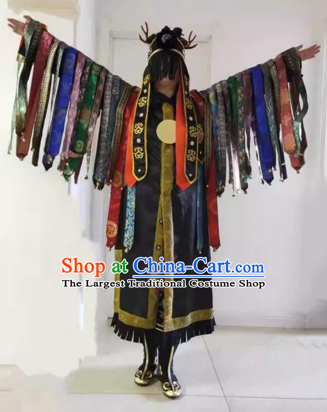 Chinese Sacrifice God Dancing Garments Witchcraft Performance Costumes and Headdress Nuo Opera Master Clothing