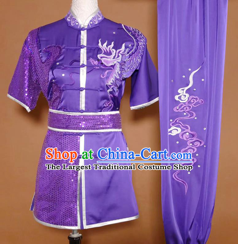 China Kung Fu Competition Purple Uniform Martial Arts Performance Costume Wushu Tournament Embroidered Dragon Clothing