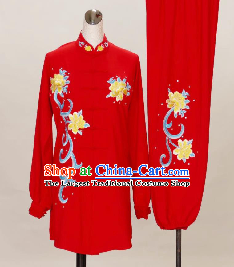 China Female Kung Fu Tournament Red Uniform Martial Arts Performance Costume Tai Chi Training Embroidered Peony Clothing
