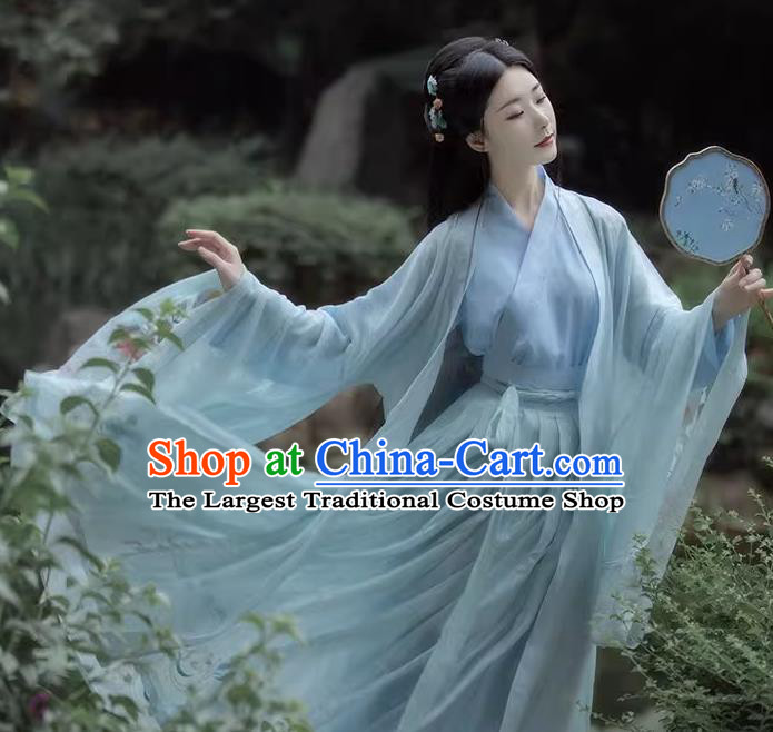 China Ancient Goddess Peri Costumes Ming Dynasty Swordswoman Clothing Traditional Blue Hanfu Dress
