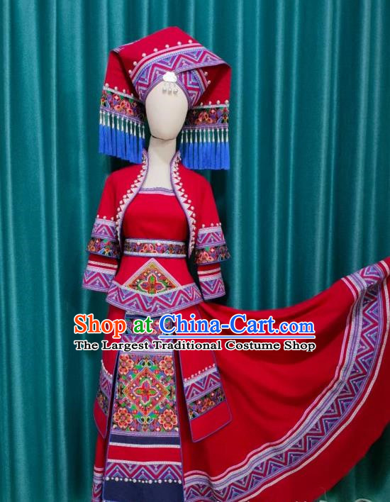 Guangxi Ethnic Minority Clothing March 3 Zhuang Red Bride Dress 360 Degree Skirt