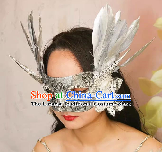 Exaggerated Venetian Silver Flower Mask Feather Masked Singer Halloween Carnival Masquerade Party
