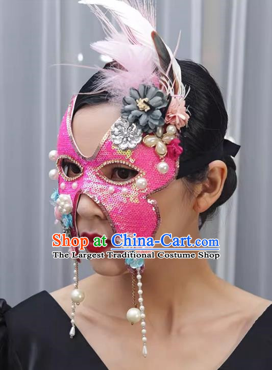 Rose Red Sequin Beaded Flower Mask Retro Elegant Masquerade Halloween Annual Meeting Party