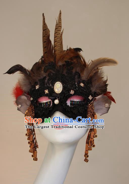 Ethnic Style Feather Brown Mask Performance Halloween Fashion Party Mysterious Half Face Accessories COS