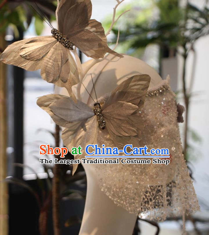 Silver Three Dimensional Feather Butterfly Metal Plating Texture Draped Veil Mask COS Performance Accessories