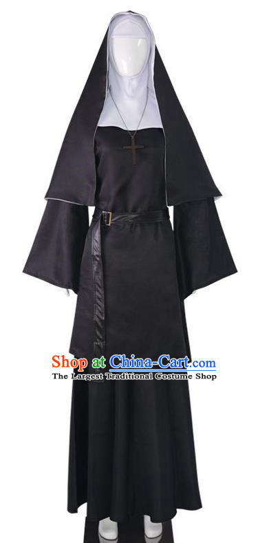 Retro Black Nun Robe Large Size With Shawl Headgear Monastery Uniform Cosplay Nun Costume
