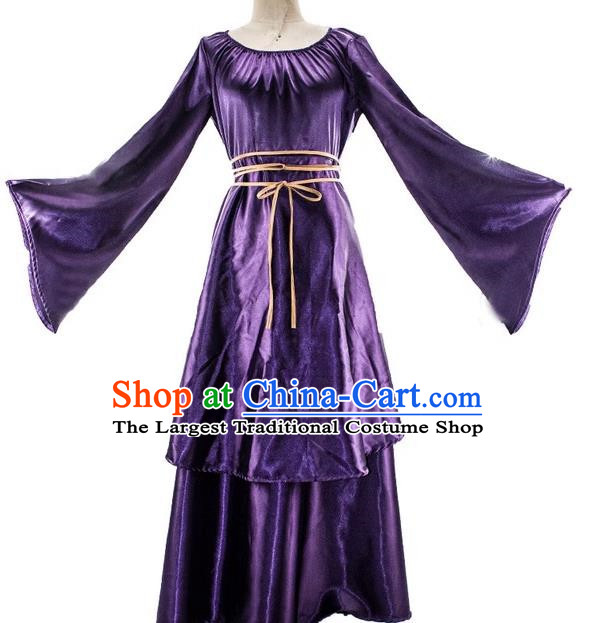 Medieval European Long Dress Female Purple Imitation Silk Shiny Dress Retro Round Neck Large Swing Sleeve Clothing