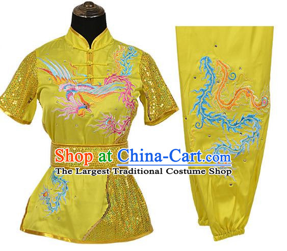 Yellow Martial Arts Clothing Embroidered Phoenix Performance Clothing Competition Clothing Long Boxing Clothing Practice Clothing For Women, Boys And Children