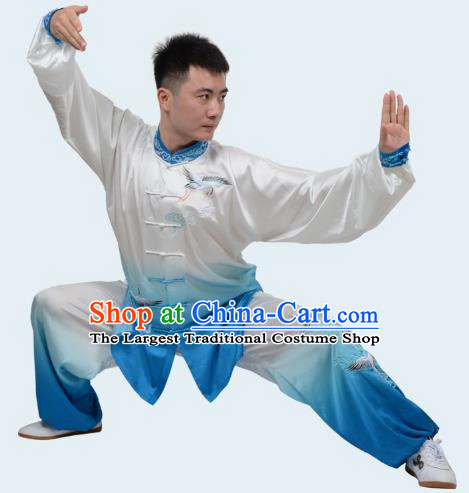 Blue Tai Chi Clothes Cloud Crane Gradient Transition Color Three Piece Suit Drape Embroidered Exercise Clothes Men And Women Performance Clothes