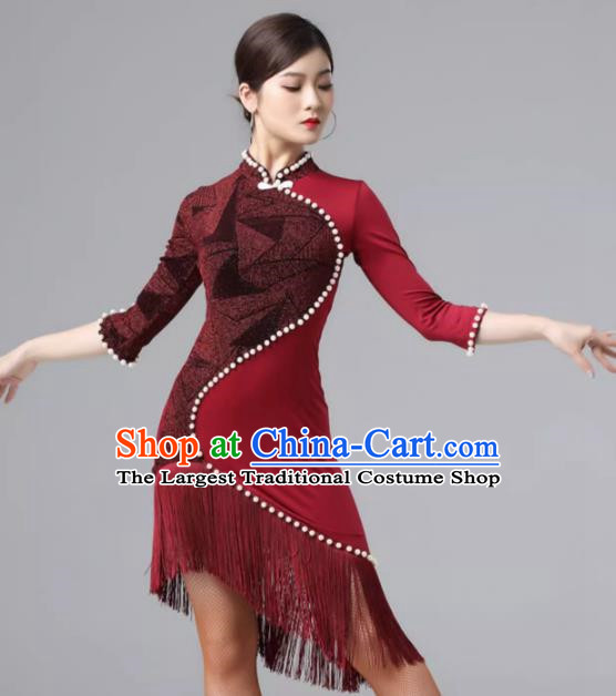 Latin Dance Skirt Practice Clothes Female Adult Performance Competition High End Cheongsam Collar Pearl Tassel Sexy Slim Dress